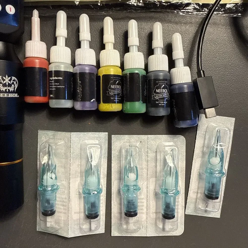 Complete Neebol Rotary Tattoo Pen Kit Machine Inks Cartridge Needles Set